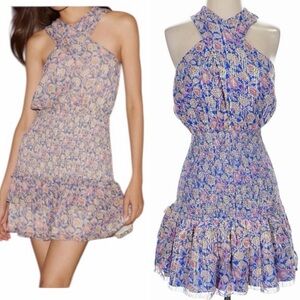 NWT! SAYLOR Ansel Smocked Mini Dress in Metallic Blue Dahlia. Size Small.
